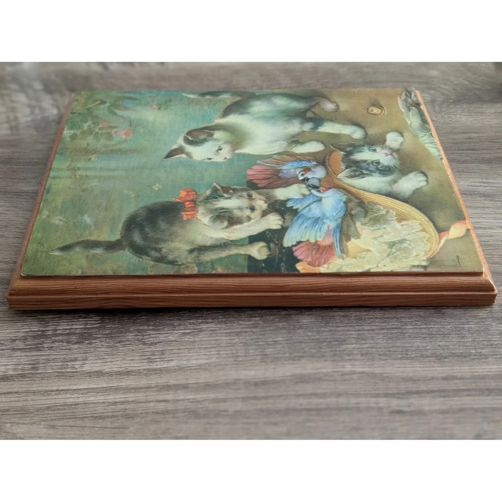 Vintage C Reichert Kittens and Birds Wood Plaque Wall Art 1976 Decoupage